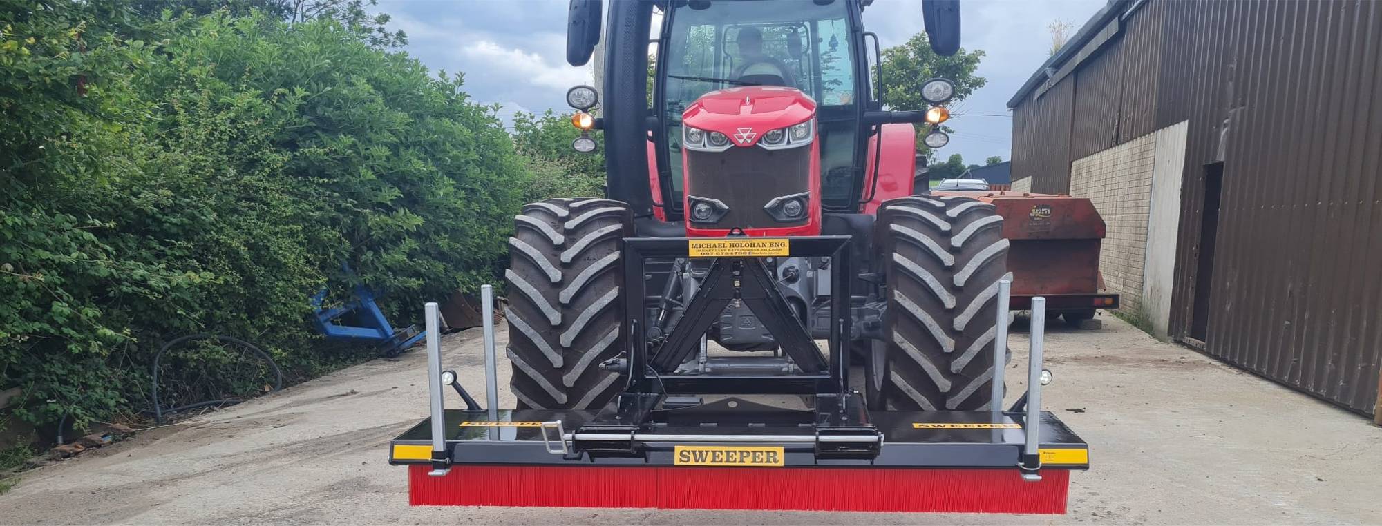 8ft  sweeper on pallet forks and A-frame. Yard brush sweepers manufactured by Michael Holohan Engineering, Laois, Ireland