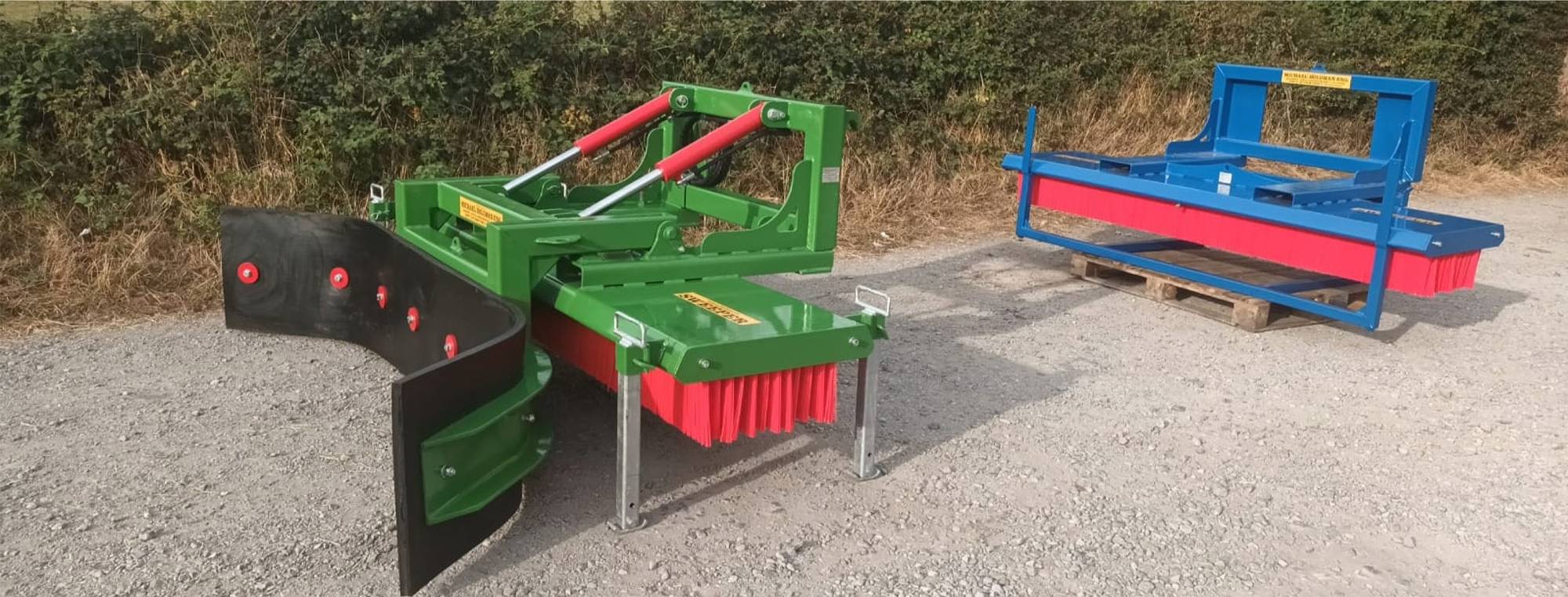 Sweeper with rubber scraper. Yard brush sweepers manufactured by Michael Holohan Engineering, Laois, Ireland